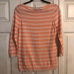 ANN TAYLOR LOFT Medium Peach Cream Striped Sweater Boatneck 3/4 Sleeves Soft